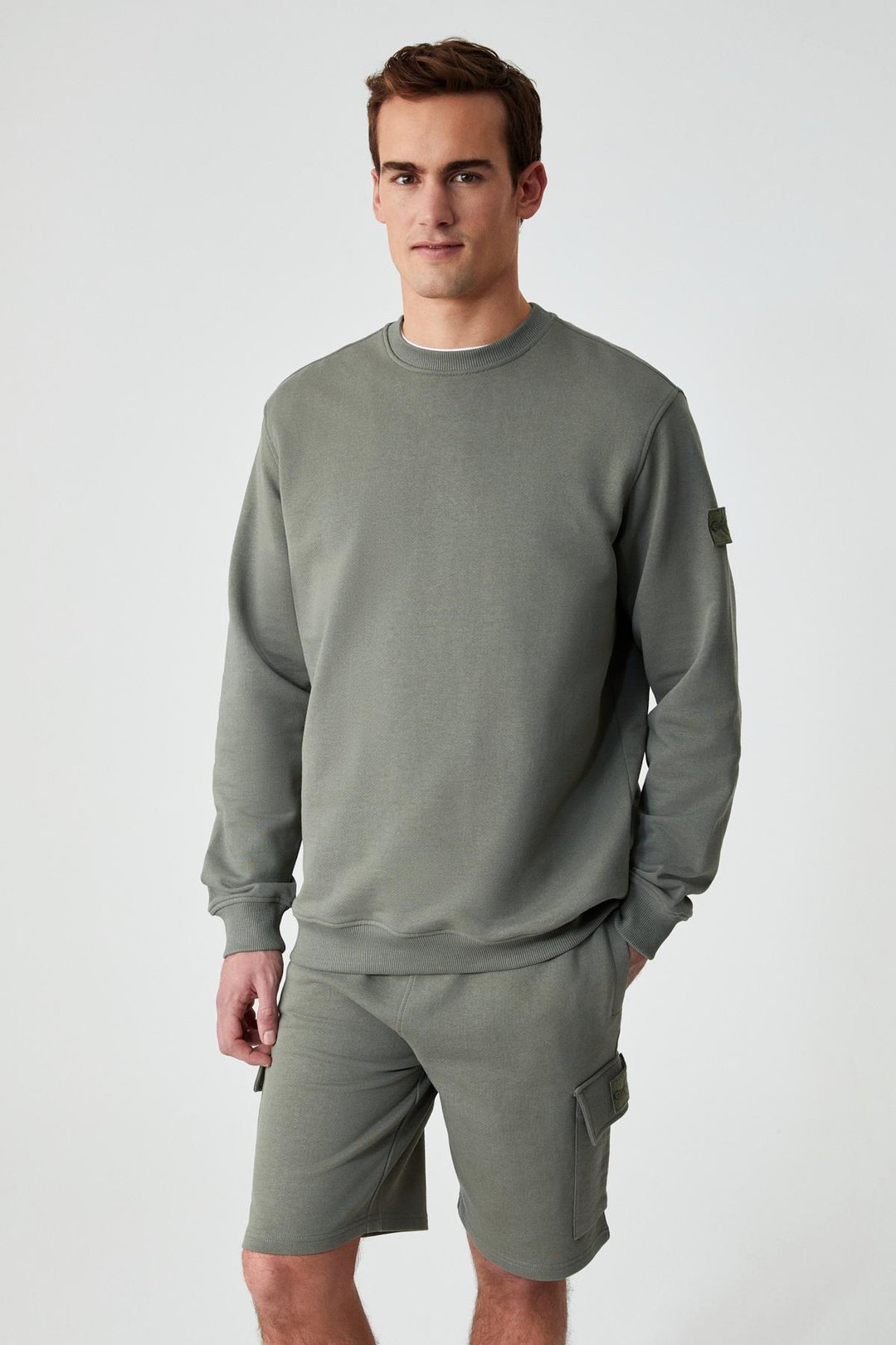 OLLIE Erkek Bisiklet Yaka Regular Uzun Kollu Nakış Detaylı Haki Sweatshirt