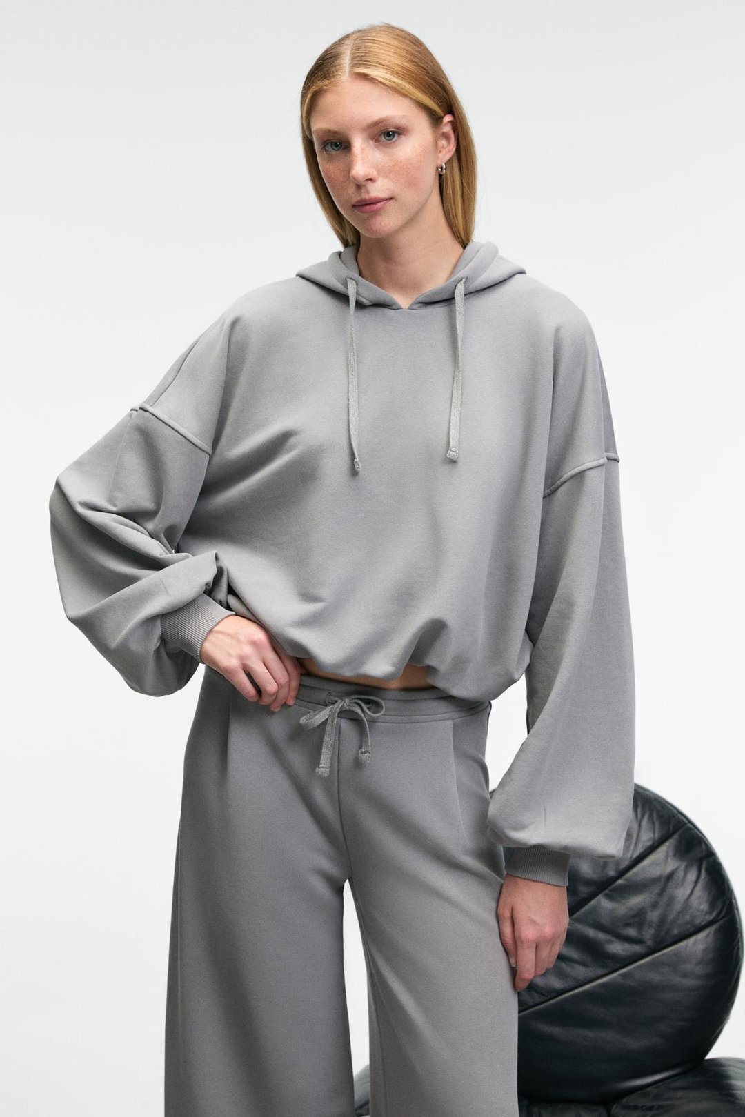 OLVERA Kadın Kapüşonlu Etek Ucu Balon Oversize Gri Sweatshirt