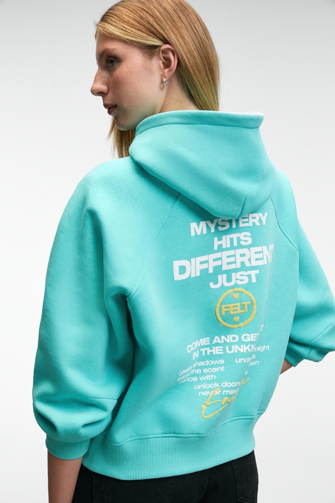 ORINQUE Kadın Kapüşonlu Baskı Ve Nakış Detaylı Oversize Turkuaz Sweatshirt