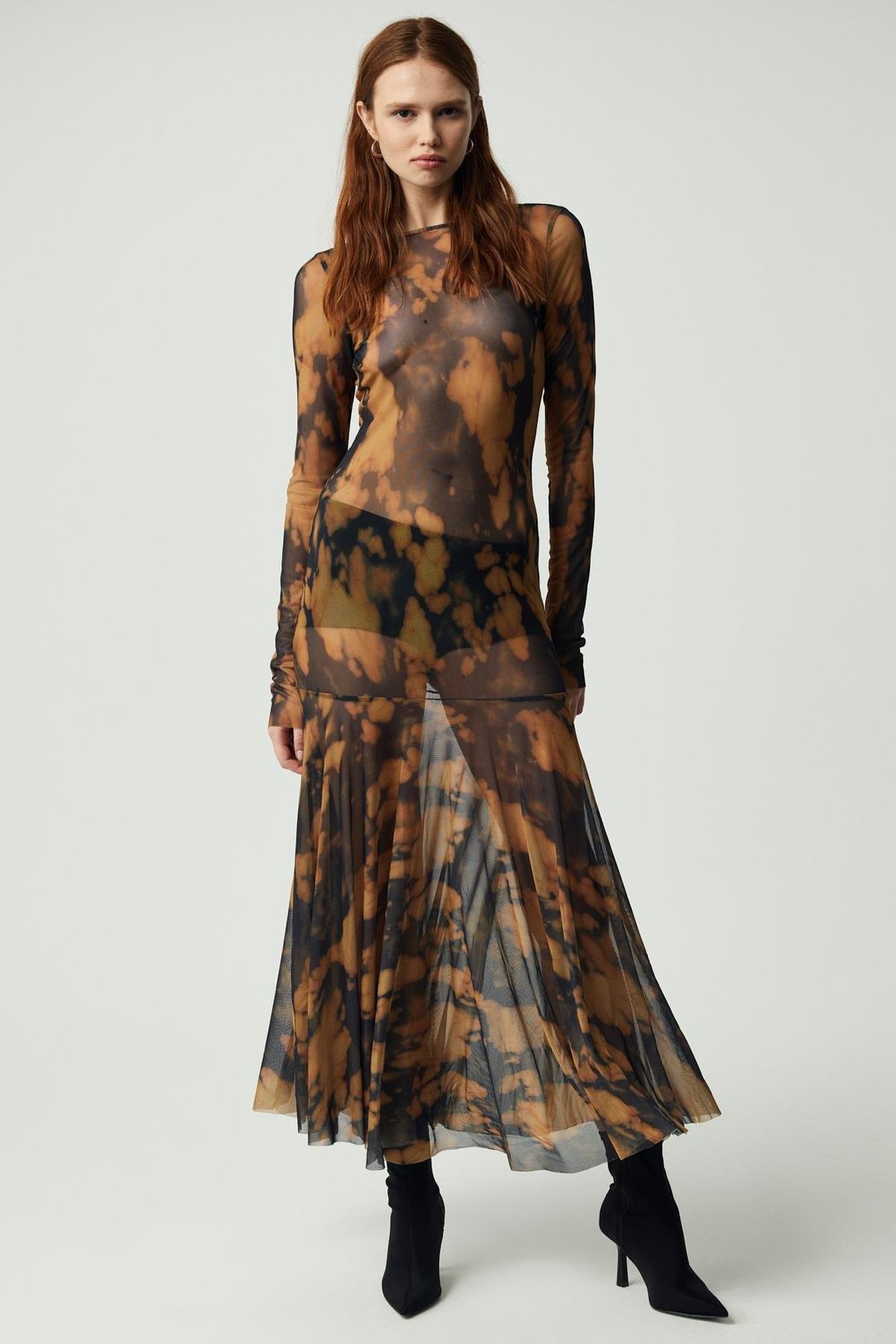 OYSTER Kadın Uzun Kollu Desenli Astarsız Desenli Elbise