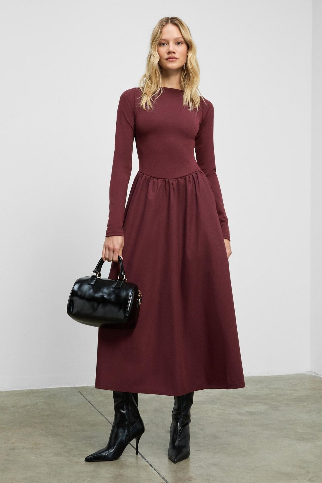 PANI Kadın Maxi Boy Etek Kısmı Dokuma Poplin Kloş Üst Kısmı Esnek Viskon Elastan Şık Bordo Elbise