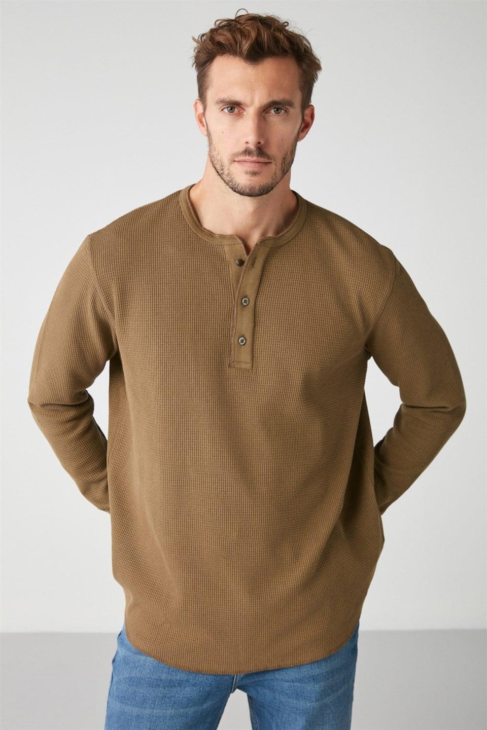 PATRICK Erkek Triko Waffle Özel Dokulu Kalın Premium Kumaşlı Düğme Detaylı Haki T-Shirt