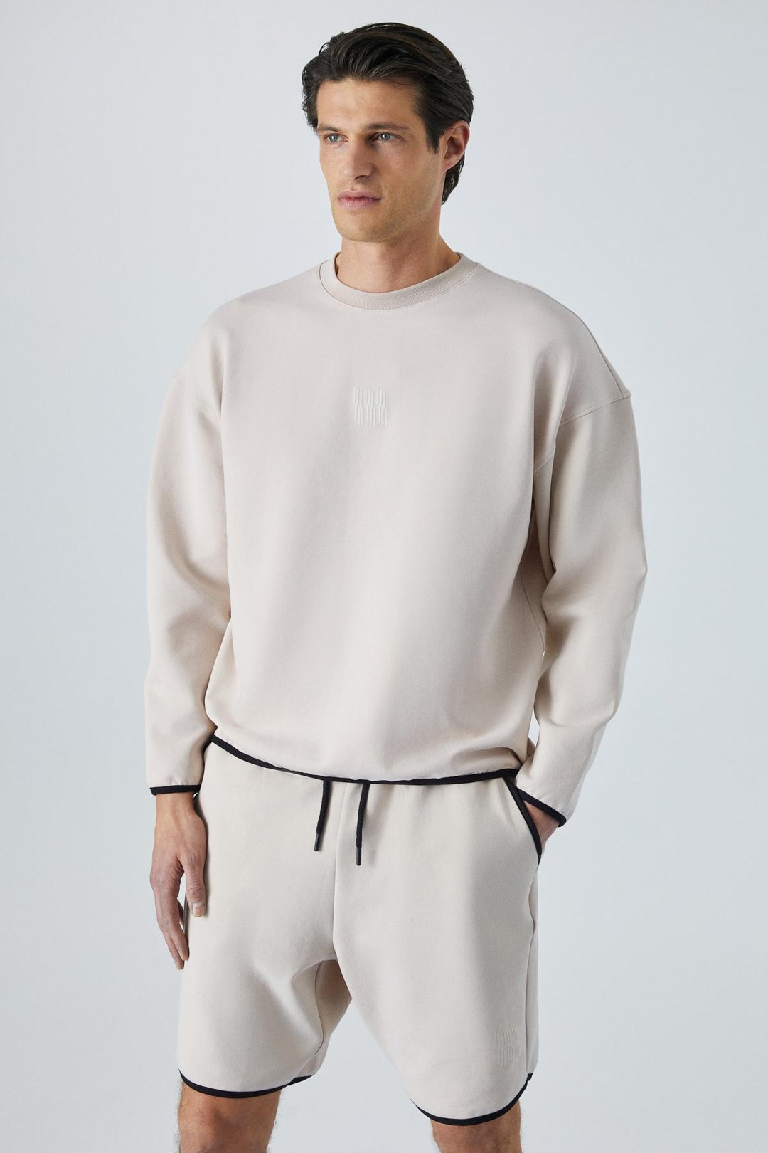 PLEMON Erkek Bisiklet Yaka Uzun Kol Baskı Detaylı Oversize Taş Rengi Sweatshirt