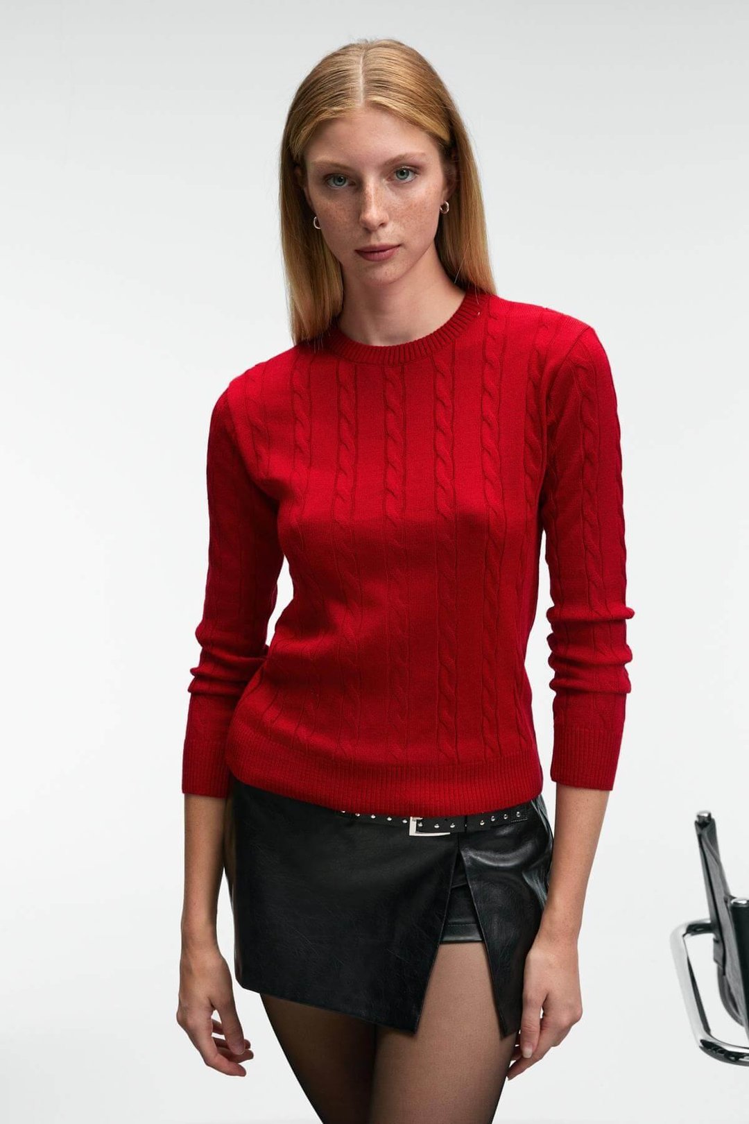 QUERIDA Kadın Yuvarlak Yaka Saç Örgülü Regular Fit Triko Kırmızı Kazak