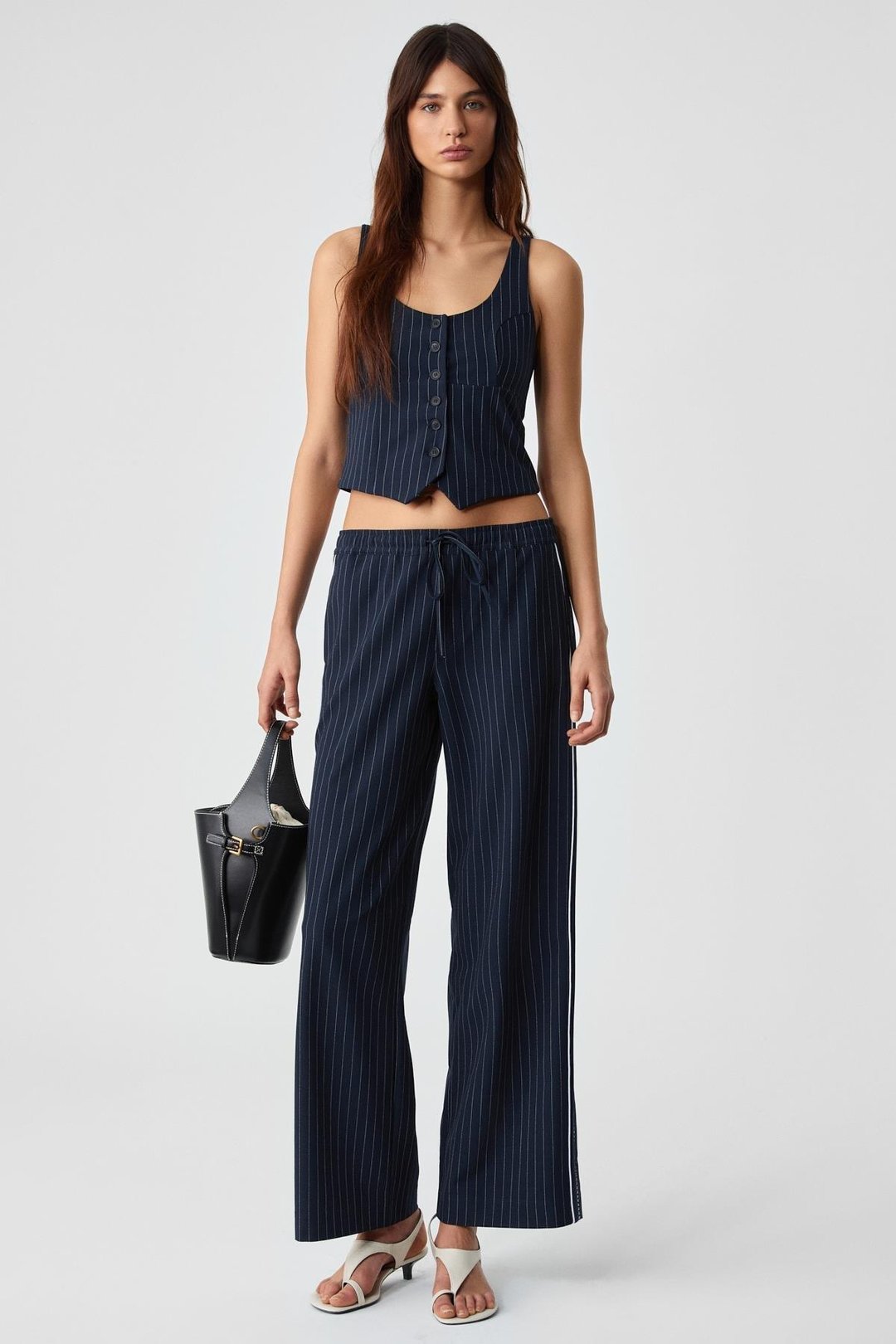 RAFUNSE Kadın Oversize Fermuarlı Çizgili Yüksek Bel Lacivert Pantolon