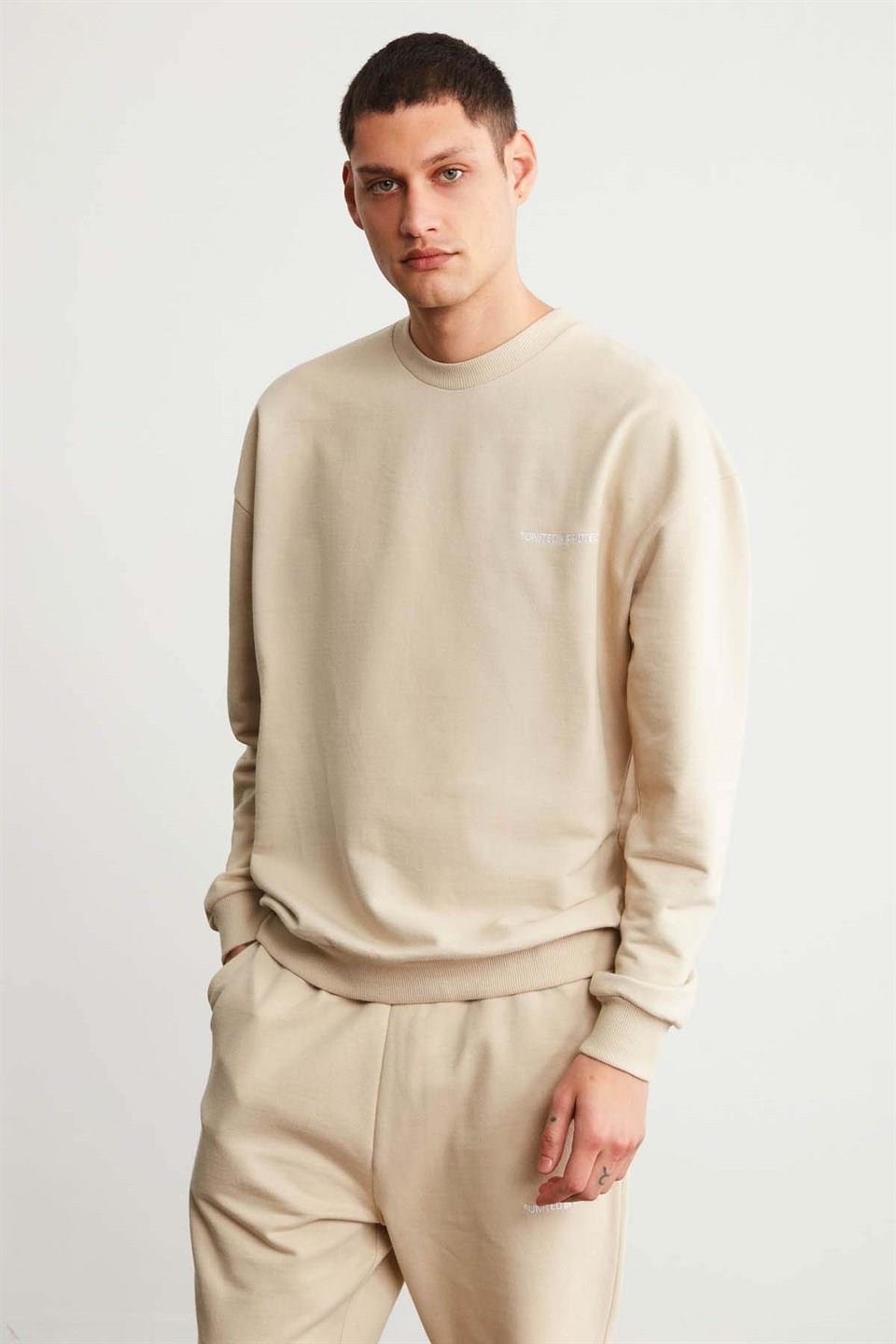 Raırok Erkek İçi Polarlı Comfort Bej Oversize Nakışlı Bej Sweatshirt