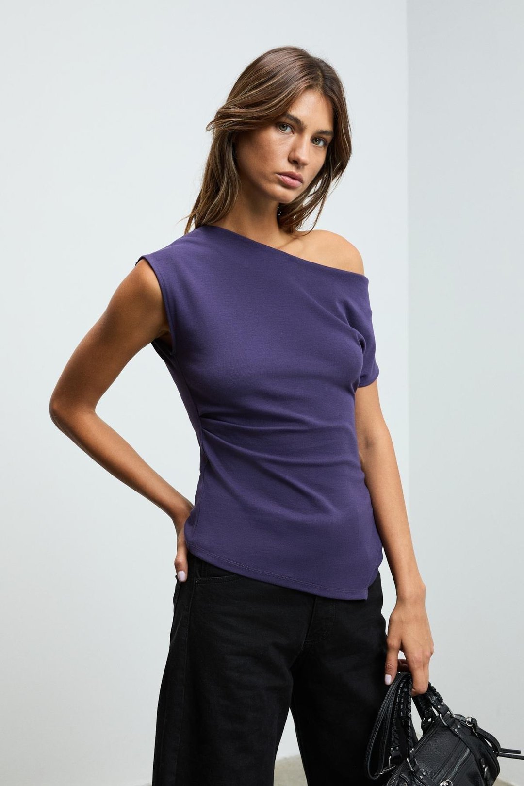 REHINGA Kadın Asimetrik Yaka Regular Kısa Kol Mor Bluz