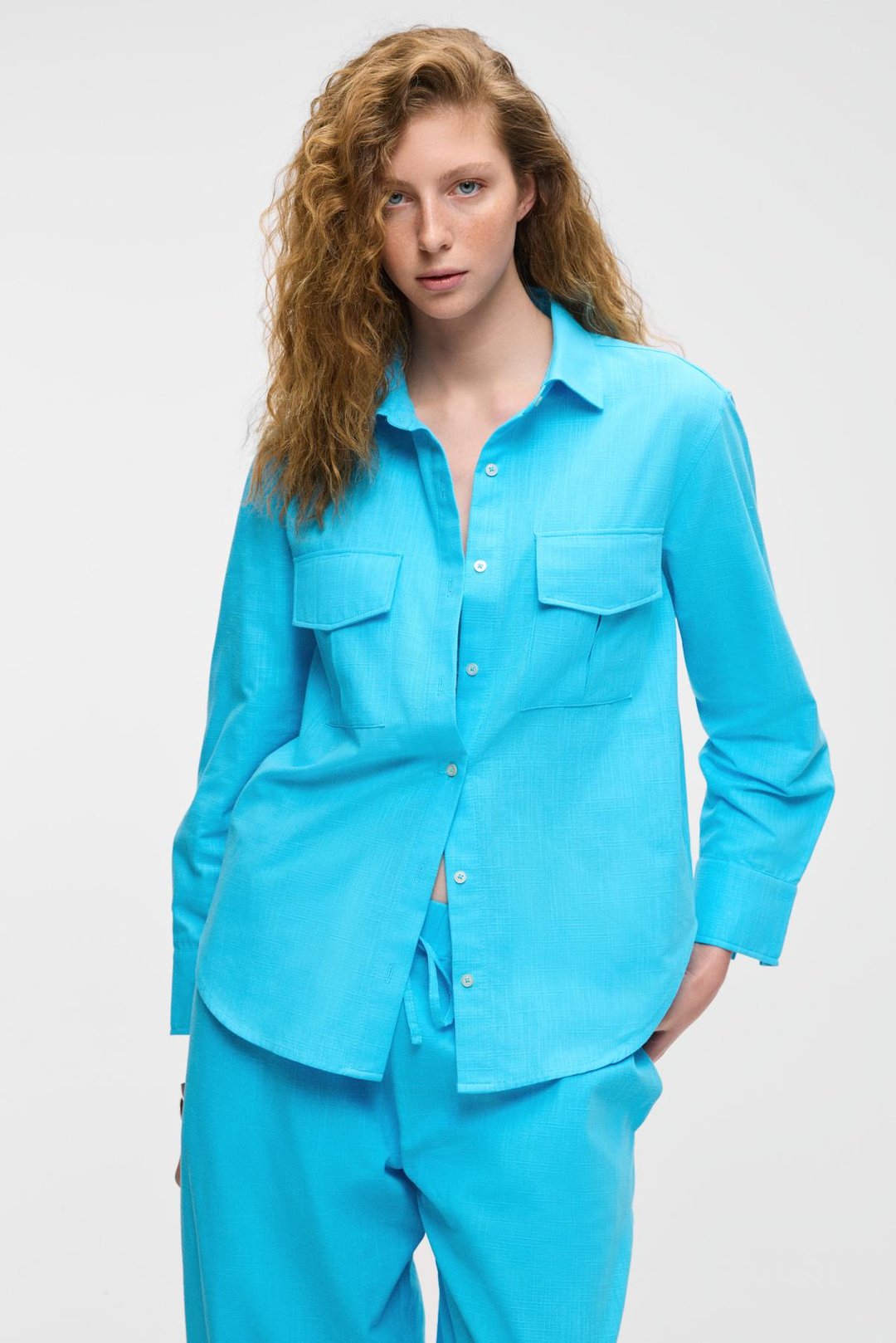RIGO Kadın Gömlek Yaka Uzun Kol Regular Uzun İnce Mavi Gömlek