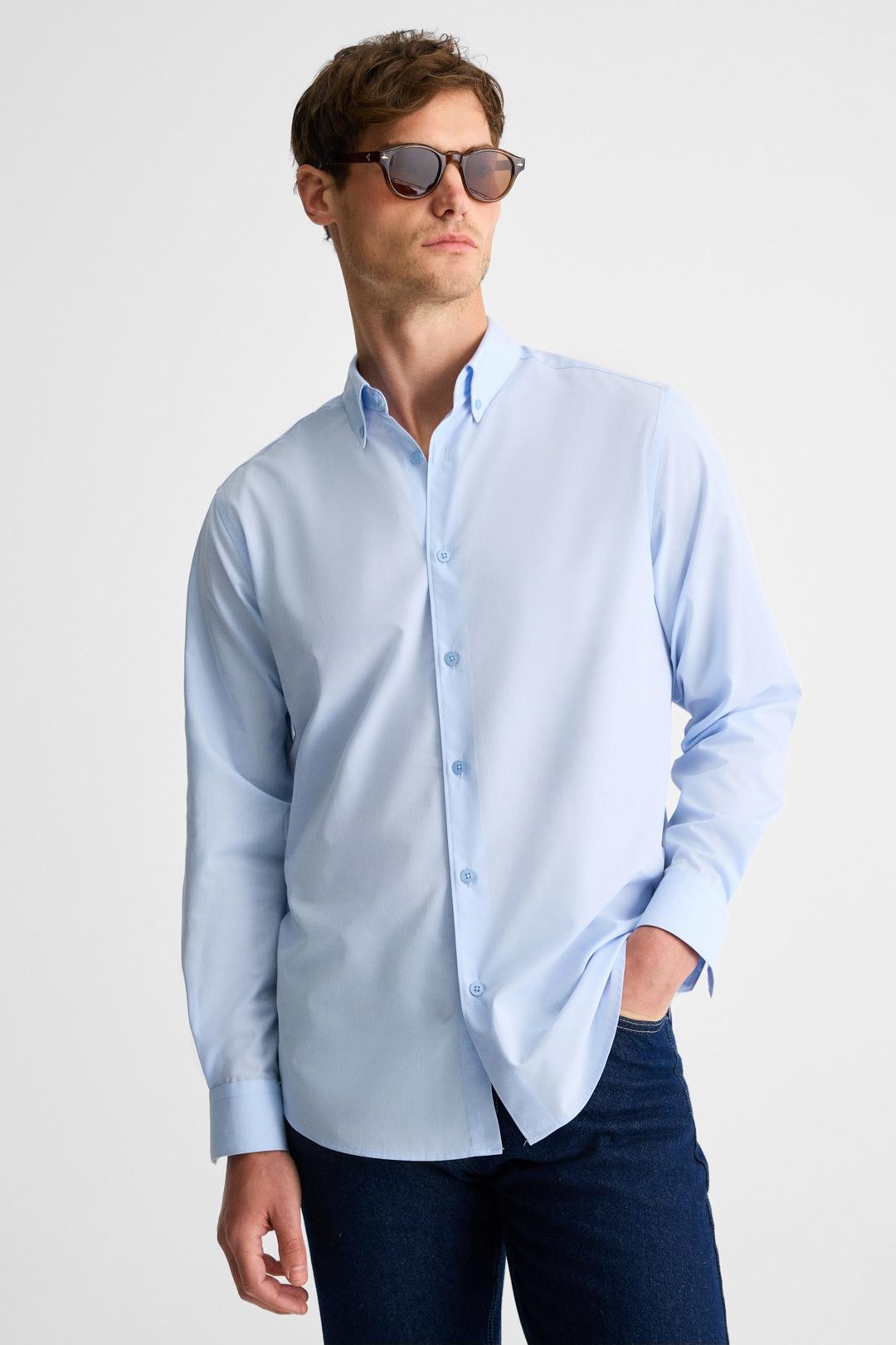 RISTO Erkek Düğmeli Yıkama Sonrası Ütü İhtiyacını En Aza İndiren Kumaş Gömlek Yaka Manşetli Mavi Gömlek