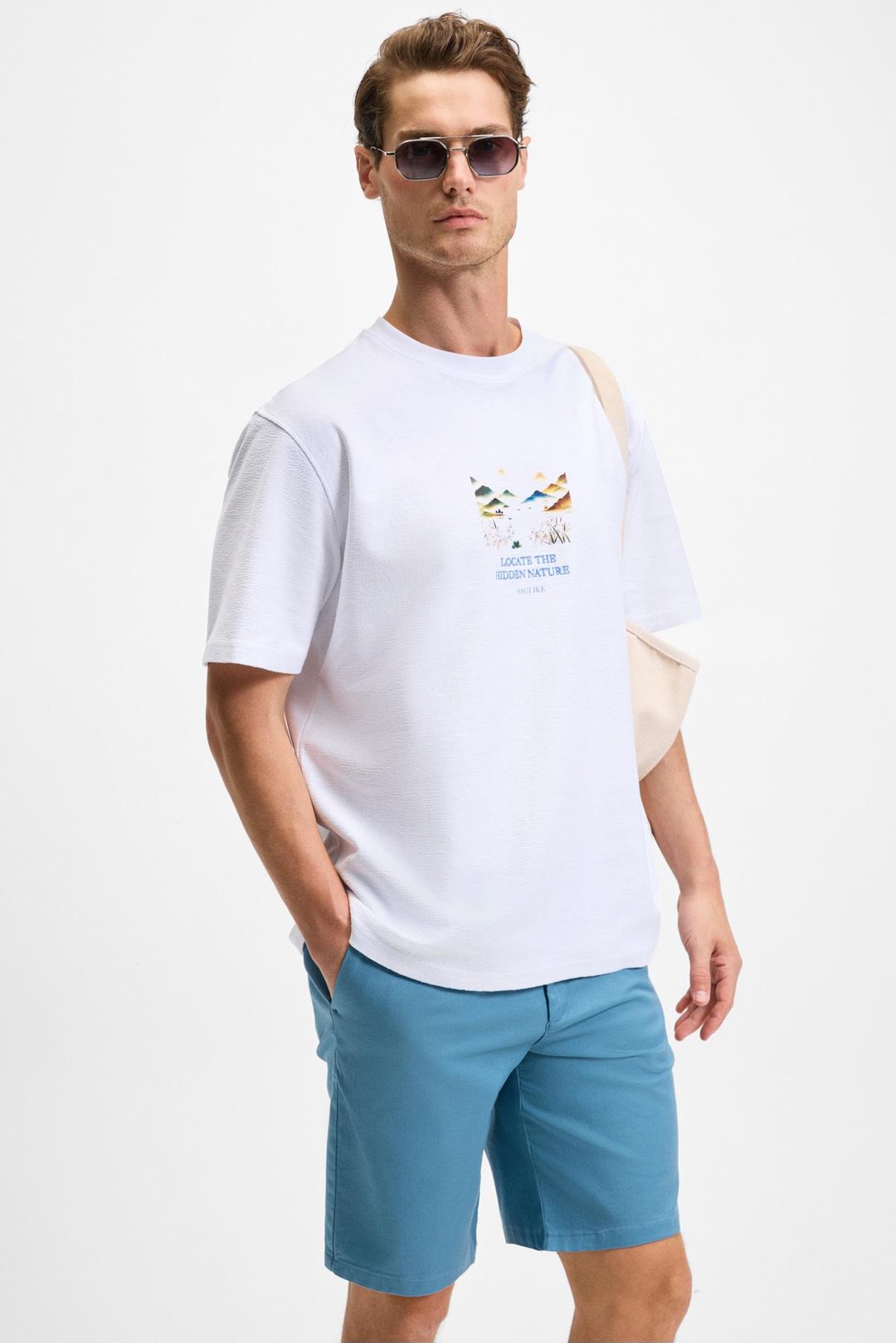 SAGI Erkek %100 Organik Pamuk Ön Arka Baskı Detaylı Bisiklet Yaka Kısa Kollu Oversize Fit Beyaz T-Shirt