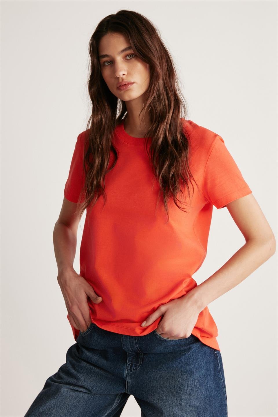 SAMANTHA Kadın Comfort Fit %100 Organik Pamuklu Basic Örme Kırmızı T-Shirt