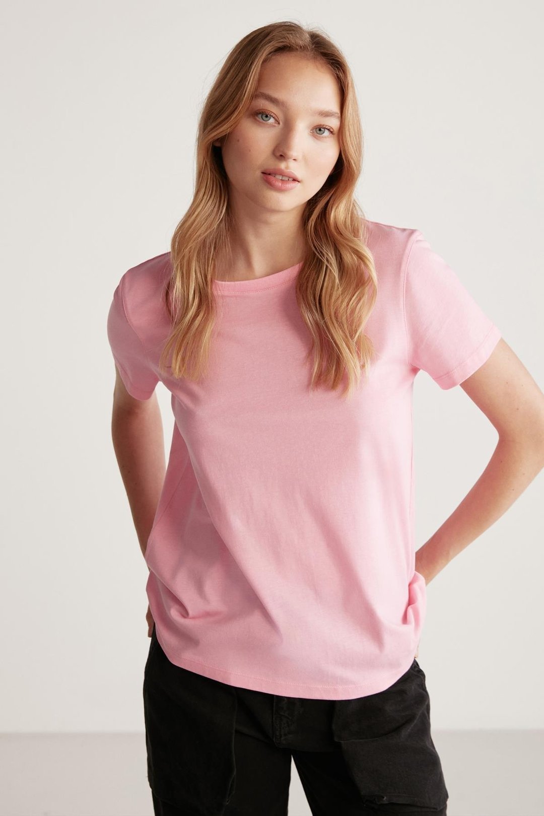 SAMANTHA Kadın Comfort Fit %100 Organik Pamuklu Basic Örme Pembe T-Shirt