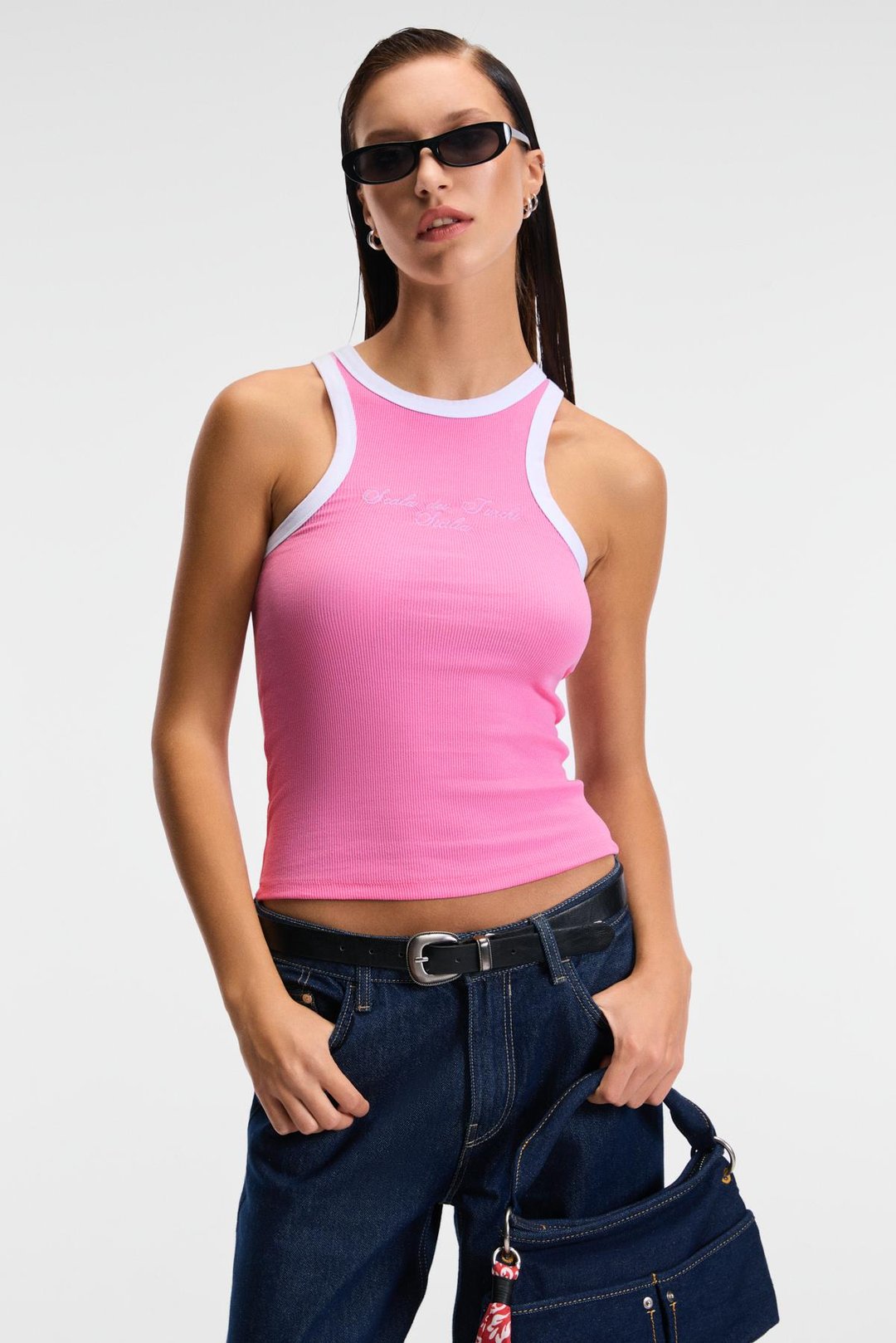 SELMIRA Kadın Baskılı Halter Yaka Slim Fit Kolsuz Pembe Atlet