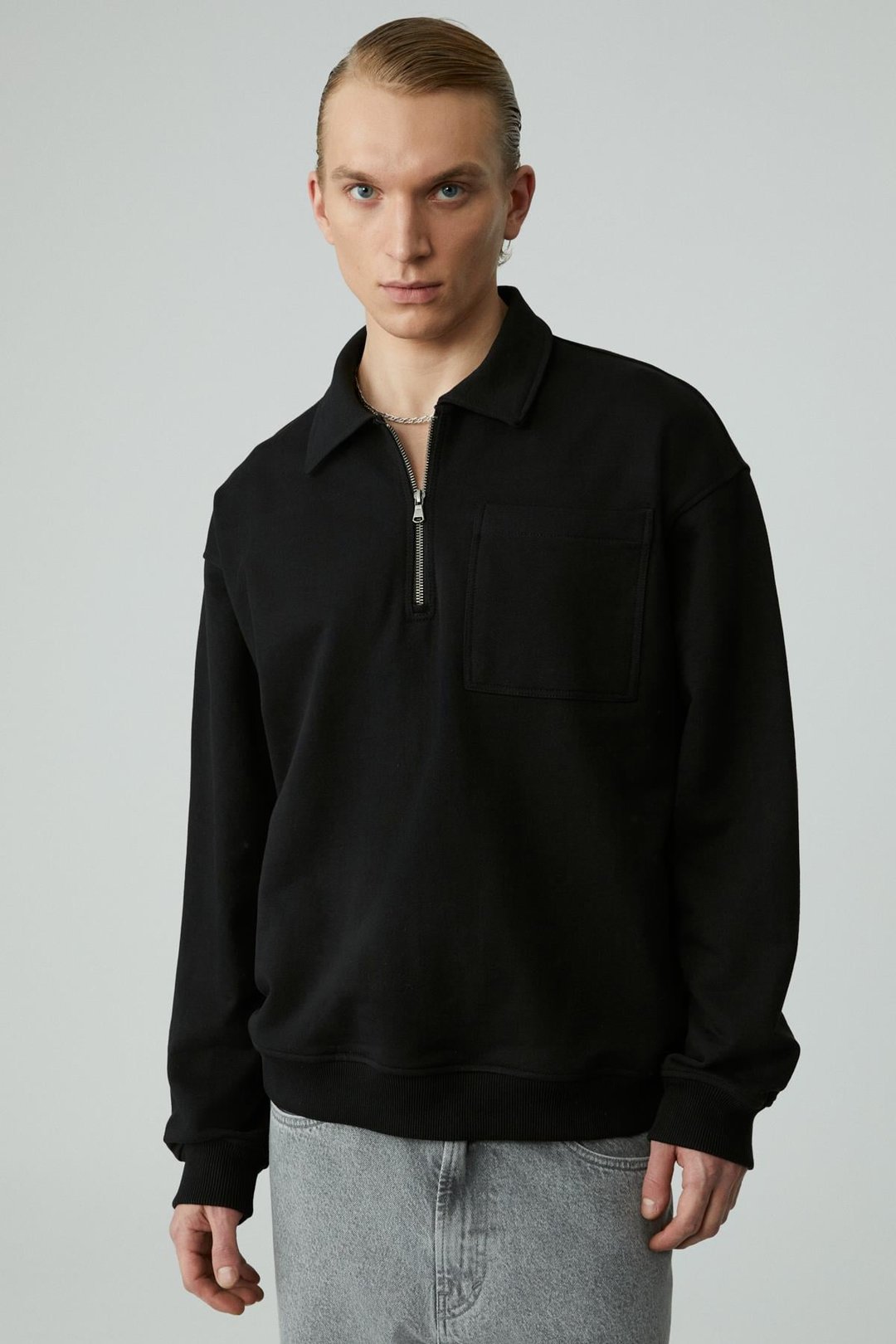 SHIFTD Erkek Bisiklet Yaka Uzun Kollu Fermuarlı Siyah Sweatshirt