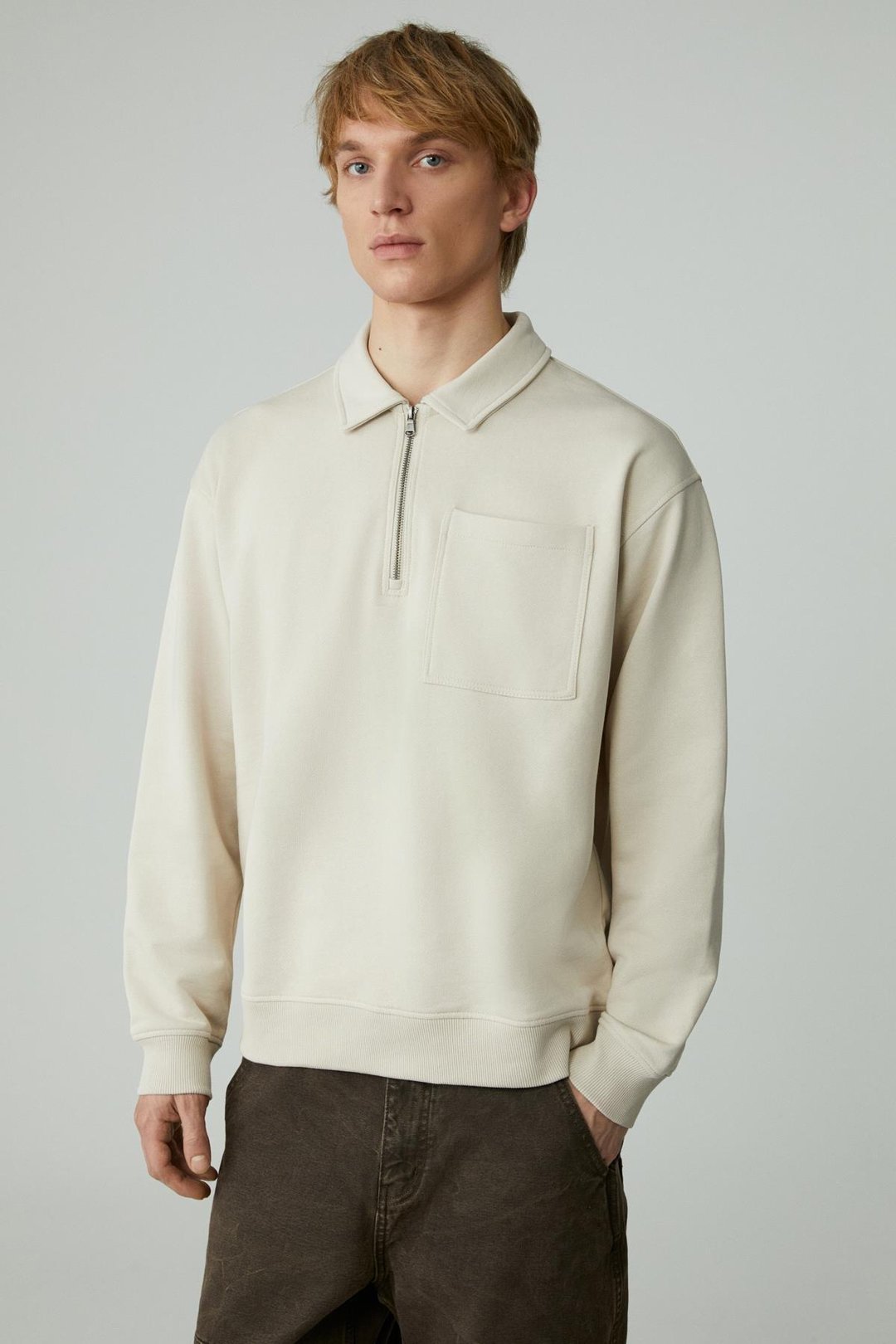 SHIFTD Erkek Bisiklet Yaka Uzun Kollu Fermuarlı Bej Sweatshirt