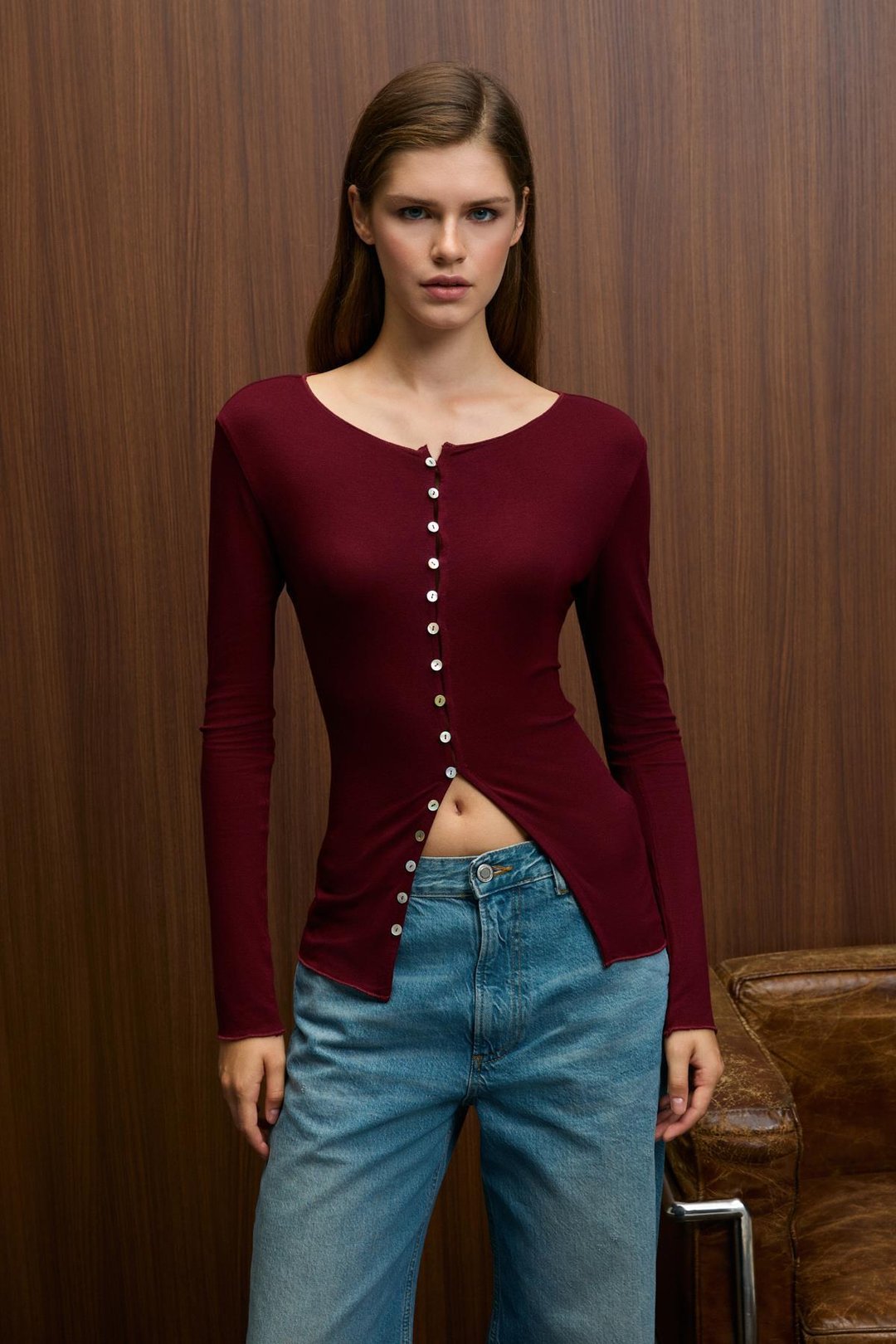 SILLARIE Kadın Uzun Kollu Esnek Kumaşlı Düğmeli Regular Bordo Bluz