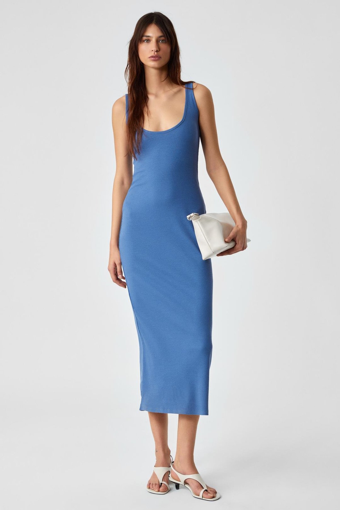 SOFUTEY Kadın Slim Kolsuz Oyuk Yaka Düz Paça Mavi Elbise