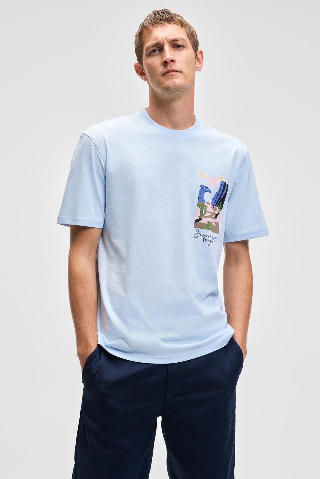 SONORA Erkek Baskı Detaylı %100 Organik Pamuk Regular Fit Kısa Kollu Mavi T-Shirt