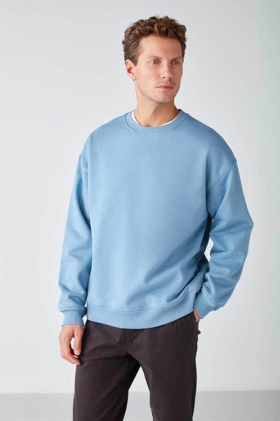 STEPHAN Erkek Yumuşacık Kışlık Kumaşlı 3 İplik Organik Pamuk Örme Oversize Mavi Sweatshirt