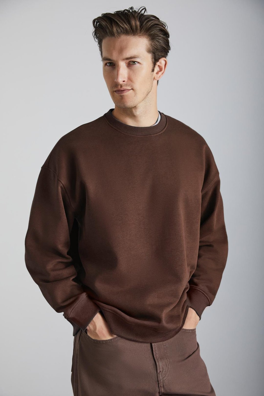 STEPHAN Erkek Yumuşacık Kışlık Kumaşlı 3 İplik Organik Pamuk Örme Oversize Kahverengi Sweatshirt