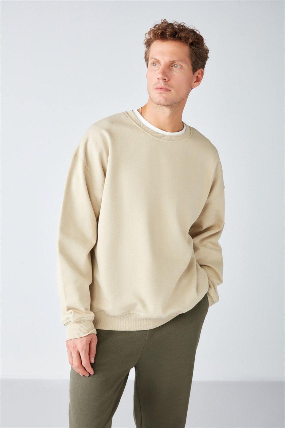 STEPHAN Erkek Yumuşacık Kışlık Kumaşlı 3 İplik Organik Pamuk Örme Oversize Bej Sweatshirt