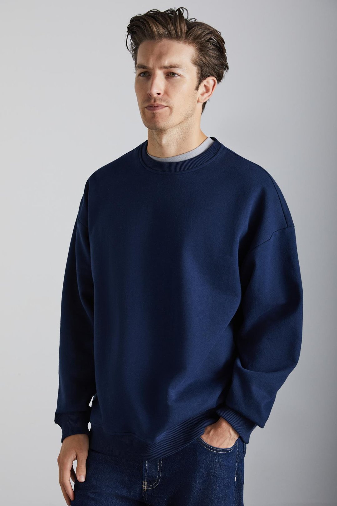 Stephan Erkek Yumuşacık Kumaşlı Organik Pamuklu Oversize Fit Yuvarlak Yakalı Lacivert Sweatshirt