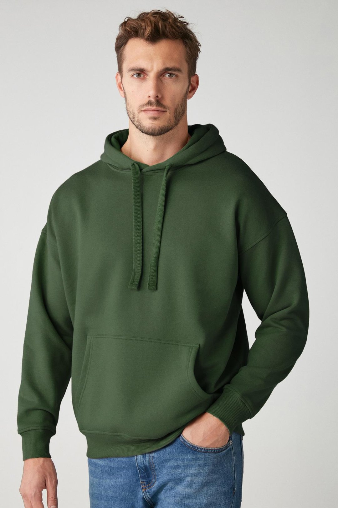 STEVE Erkek Yumusaçık Kumaşlı Kordonlu Oversize Kapüşonlu Kanguru Cepli Koyu Yeşil Sweatshirt