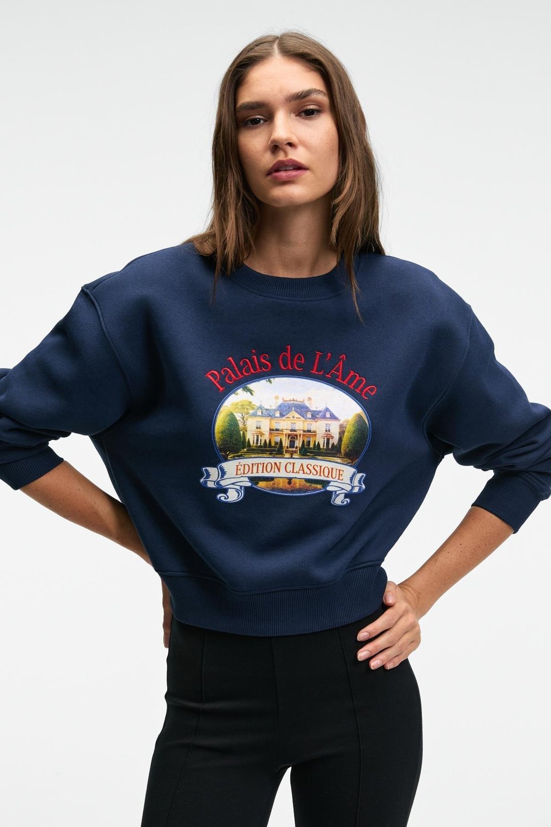 TALMERA Kadın Önü Baskılı Yuvarlak Yaka Lacivert Sweatshirt