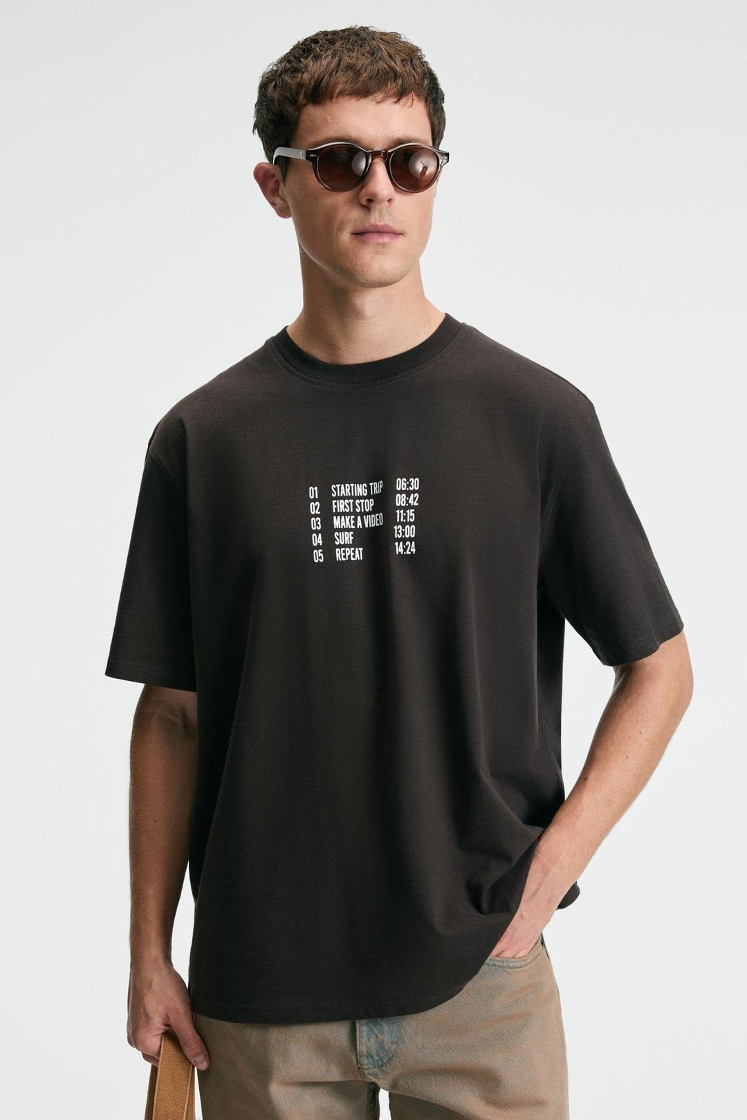 TASTY Erkek %100 Pamuk Oversize Fit Baskılı Kısa Kollu Yuvarlak Yakalı Kahverengi T-Shirt