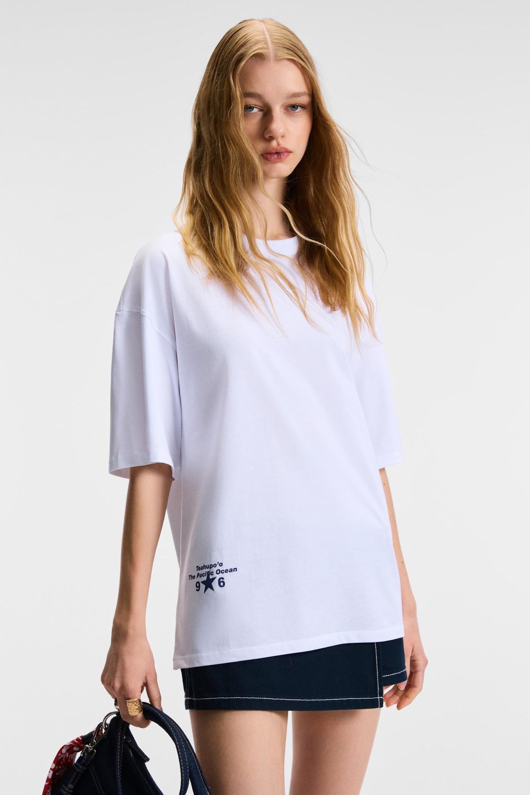 TAVENA Kadın %100 Pamuk Baskılı Oversize Fit Kısa Kollu Yuvarlak Yaka Beyaz T-Shirt