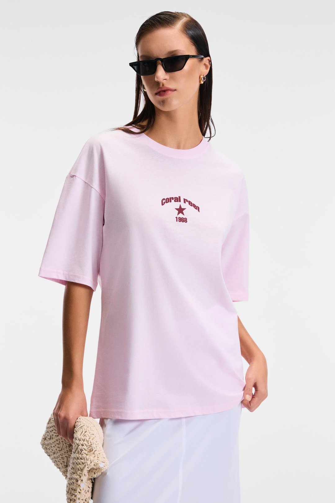 TAVENA Kadın %100 Pamuk Baskılı Oversize Fit Kısa Kollu Yuvarlak Yaka Pembe T-Shirt