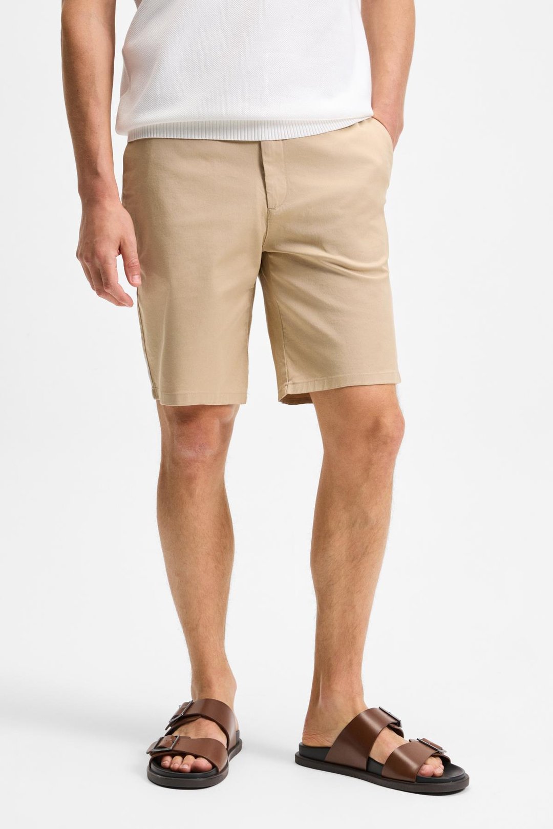 TEEMO Erkek Yanları Cepli Fermuarlı Likralı Slim Fit Bej Şort