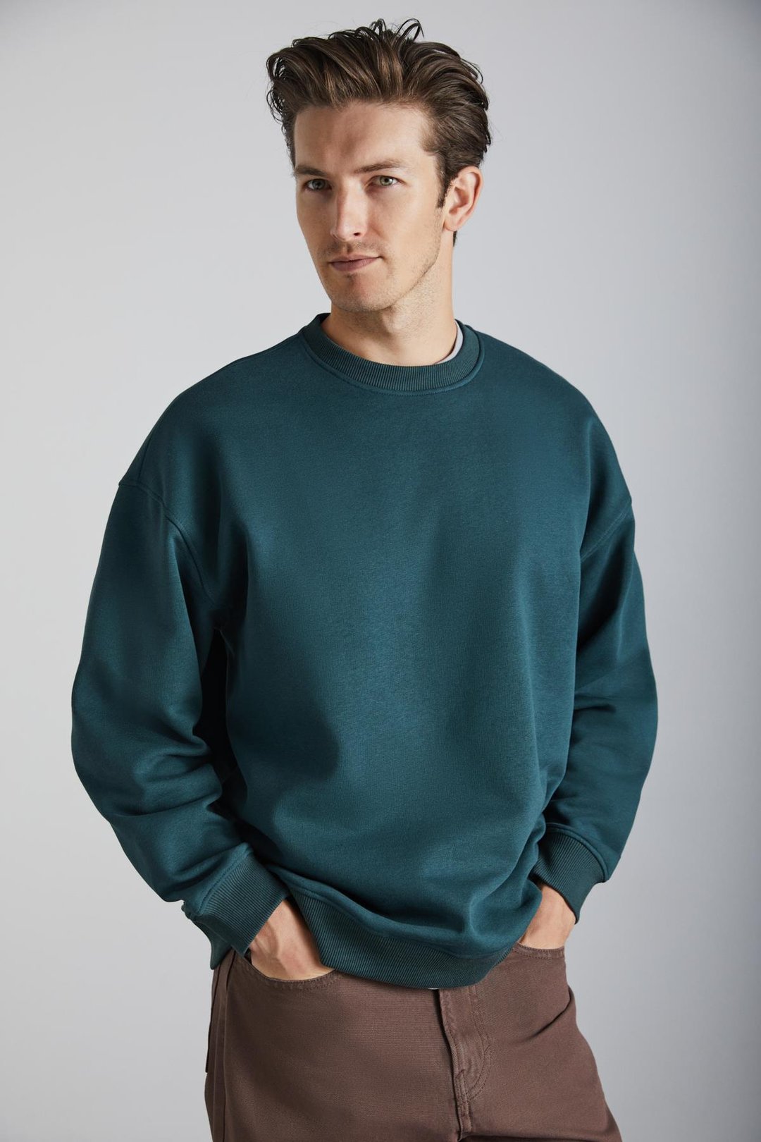 TOKYO Erkek İçi Polarlı Yumuşacık Arka Etiket Detaylı Bisiklet Yaka Oversize Koyu Yeşil Sweatshirt