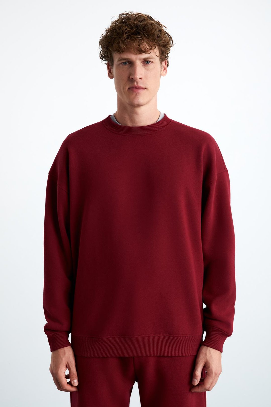 TOKYO Erkek İçi Polarlı Yumuşacık Arka Etiket Detaylı Bisiklet Yaka Oversize Kırmızı Sweatshirt