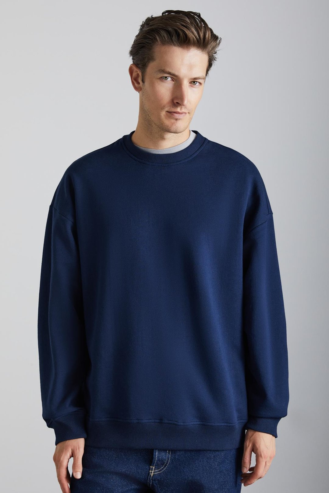TOKYO Erkek İçi Polarlı Yumuşacık Arka Etiket Detaylı Bisiklet Yaka Oversize Lacivert Sweatshirt