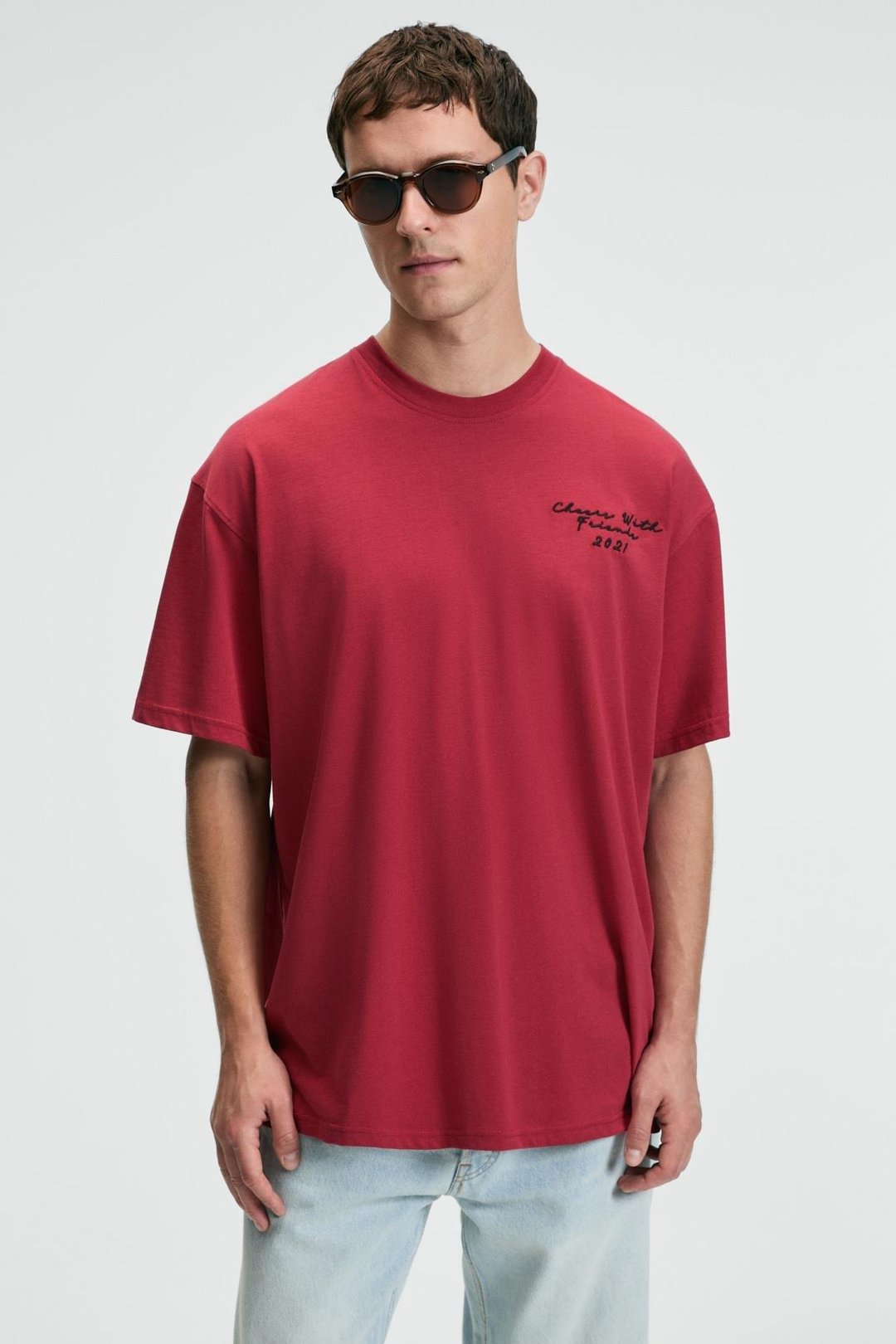 TREAT Erkek Oversize %100 Pamuk Baskılı Yuvarlık Yaka Kırmızı T-Shirt