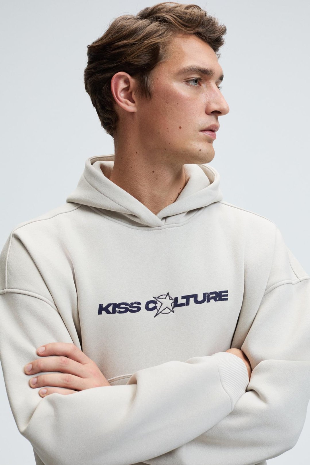 TRUETT Erkek Kapüşonlu Kanguru Cepli Önü Ve Sırtı Baskılı Oversize Gri Sweatshirt