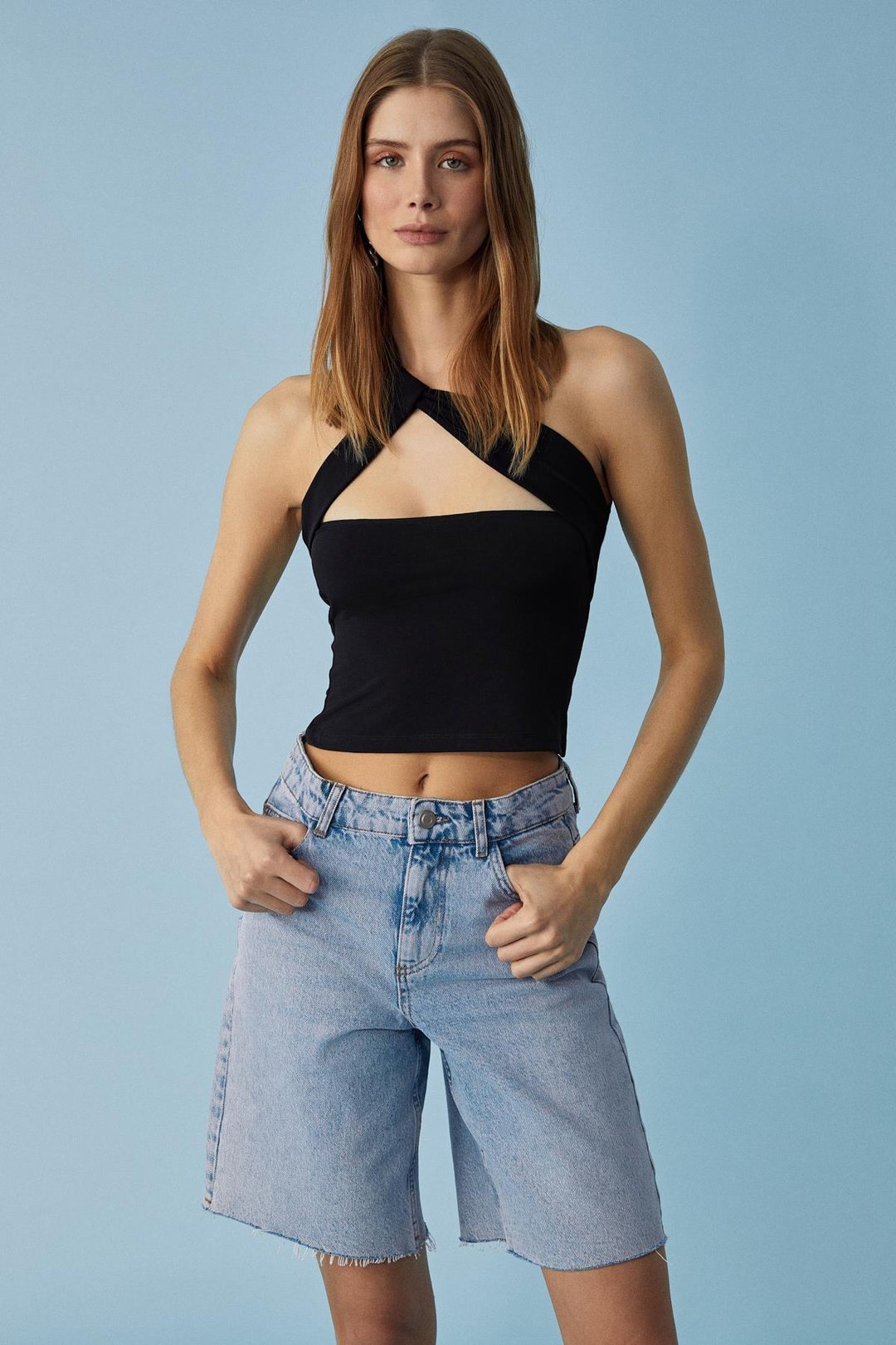 UJERAN Kadın Asimetrik Yaka Slim Kolsuz Siyah Bluz