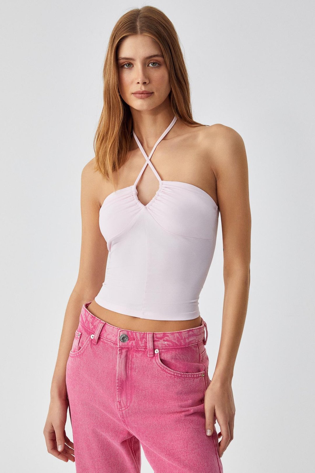 URICI Kadın Slim Askılı Yaka Bağcıklı İnce Kısa Pembe Büstiyer