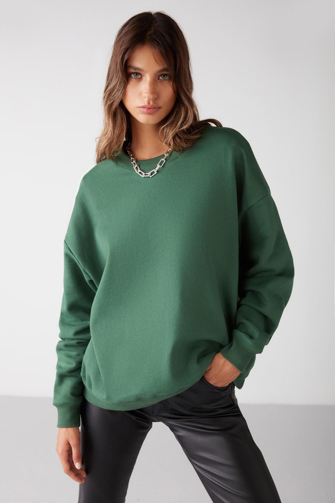 VANELTINA Kadın İçi Polarlı 3 İplik Organik Pamuk Oversize Basic Bisiklet Yaka Yeşil Sweatshirt