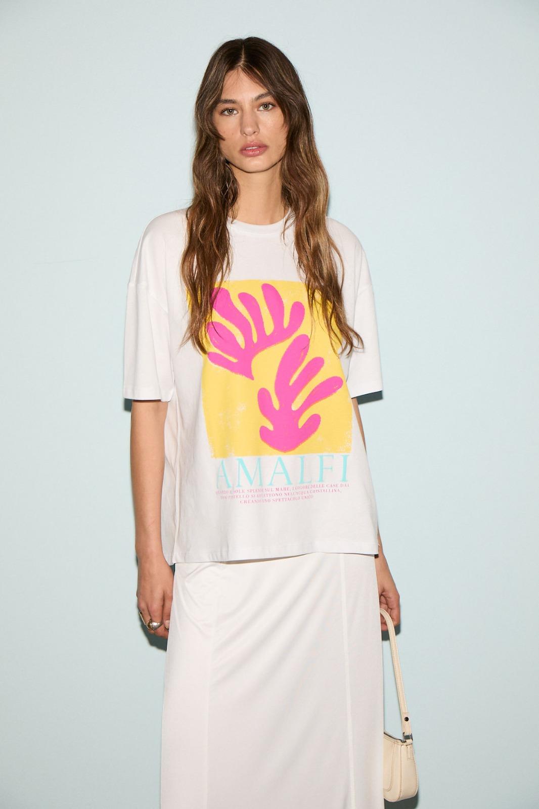 VEYMIRA Kadın %100 Pamuk Bisiklet Yaka Kısa Kollu Oversize Fit Beyaz - Desenli T-Shirt