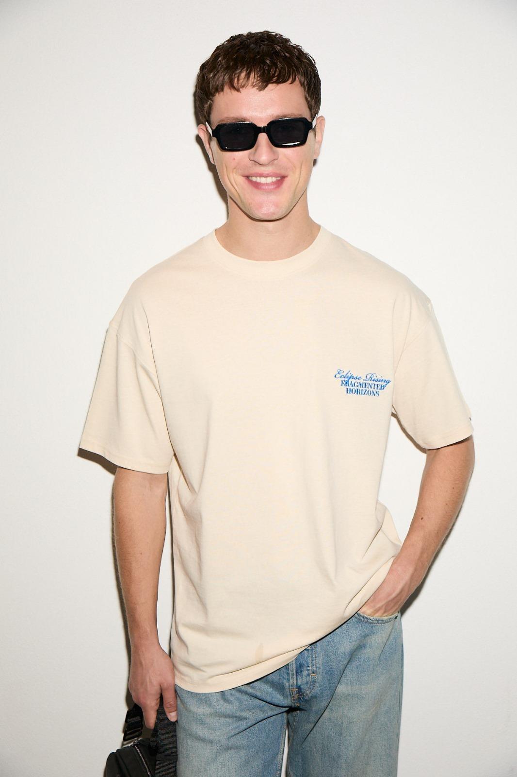 VEYRON Erkek %100 Pamuk Oversize Fit Baskılı Kısa Kollu Yuvarlak Yakalı Vanilya T-Shirt