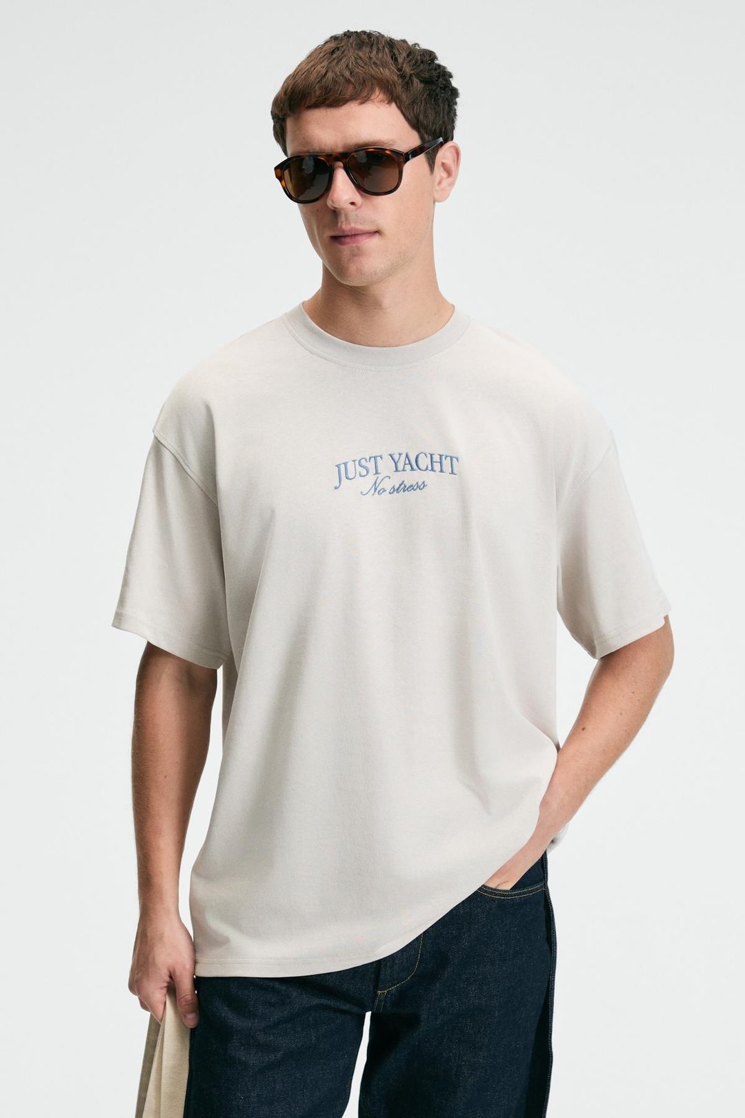 VEYRON Erkek %100 Pamuk Oversize Fit Baskılı Kısa Kollu Yuvarlak Yakalı Bej T-Shirt