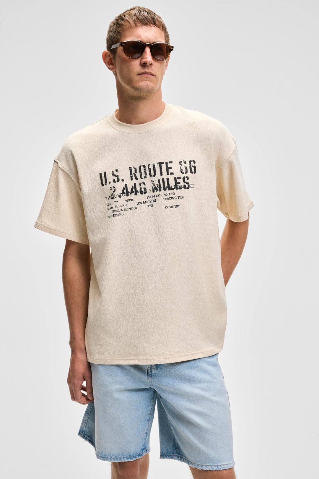VYRO Erkek Baskı Detaylı %100 Organik Pamuk Bisiklet Yaka Oversize Vanilya T-Shirt