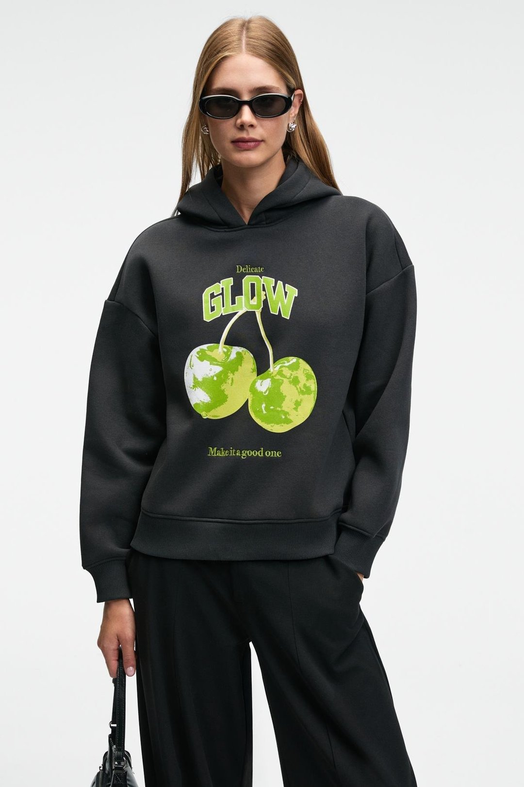 YANMESA Kadın Oversize Baskı Ve Nakış Detaylı Uzun Kollu Kapüşonlu Koyu Antrasit Sweatshirt