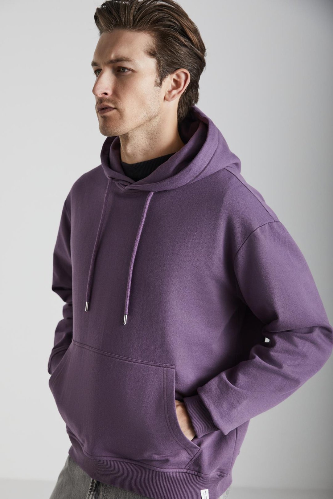 YOKOHAMA Erkek İçi Polarlı Yumuşacık Regular Kanguru Cepli Kapüşonlu Mor Sweatshirt