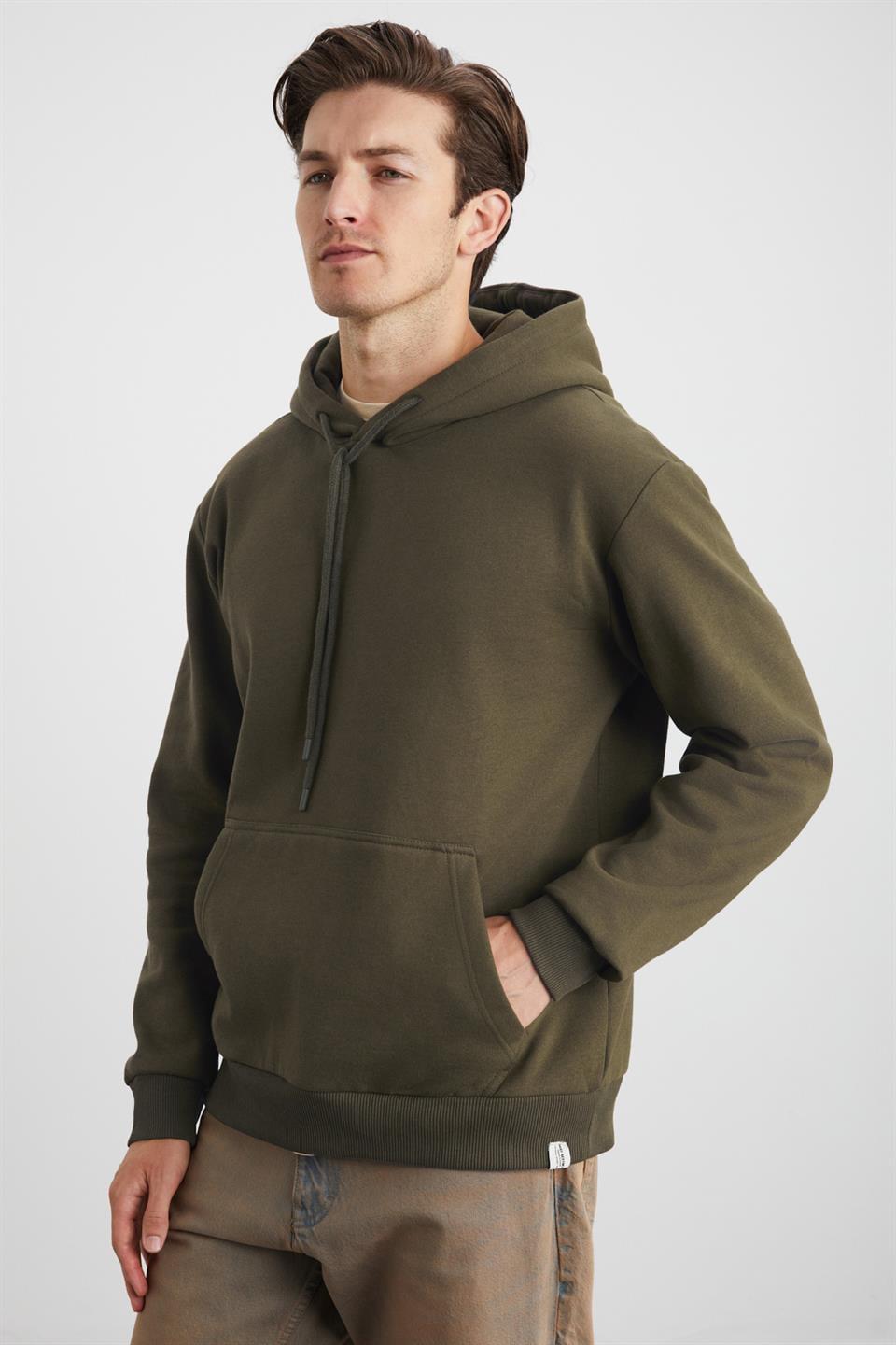 YOKOHAMA Erkek İçi Polarlı Yumuşacık Regular Kanguru Cepli Kapüşonlu Haki Sweatshirt