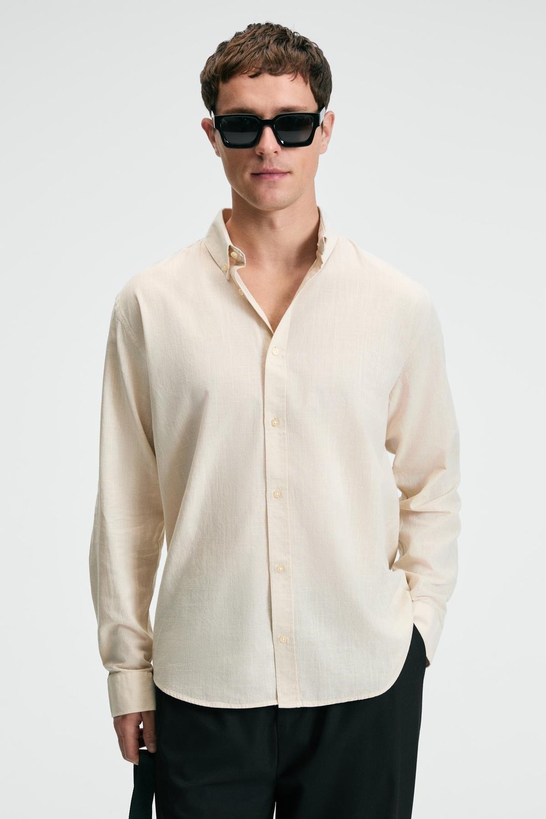 YORDI Erkek Gömlek Yaka Manşetli Flamlı Oxford Kumaş Regular Fit Krem Gömlek