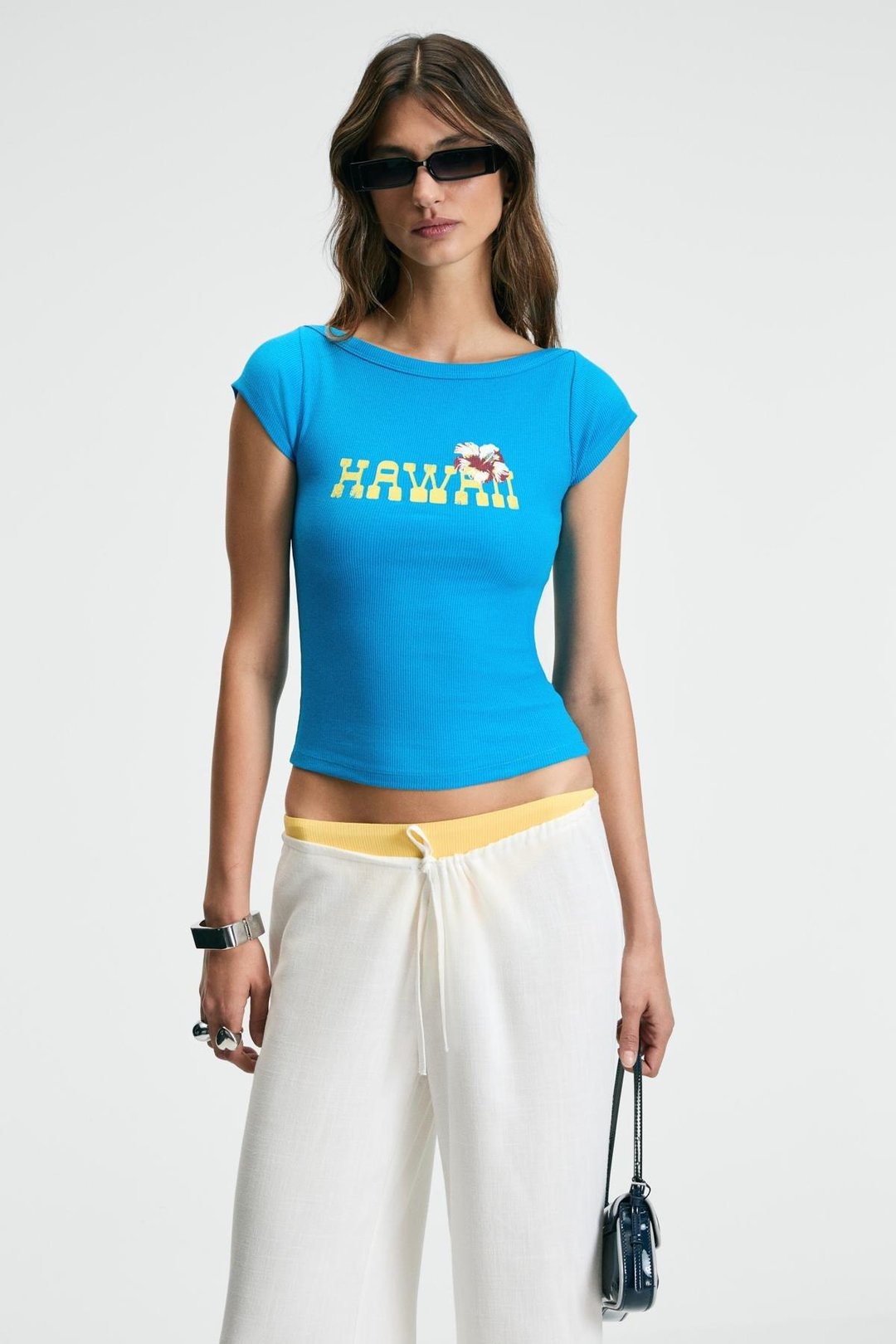 ZEPHY Kadın Kayık Yaka Kısa Kollu Önü Baskı Detaylı Slim Mavi T-Shirt