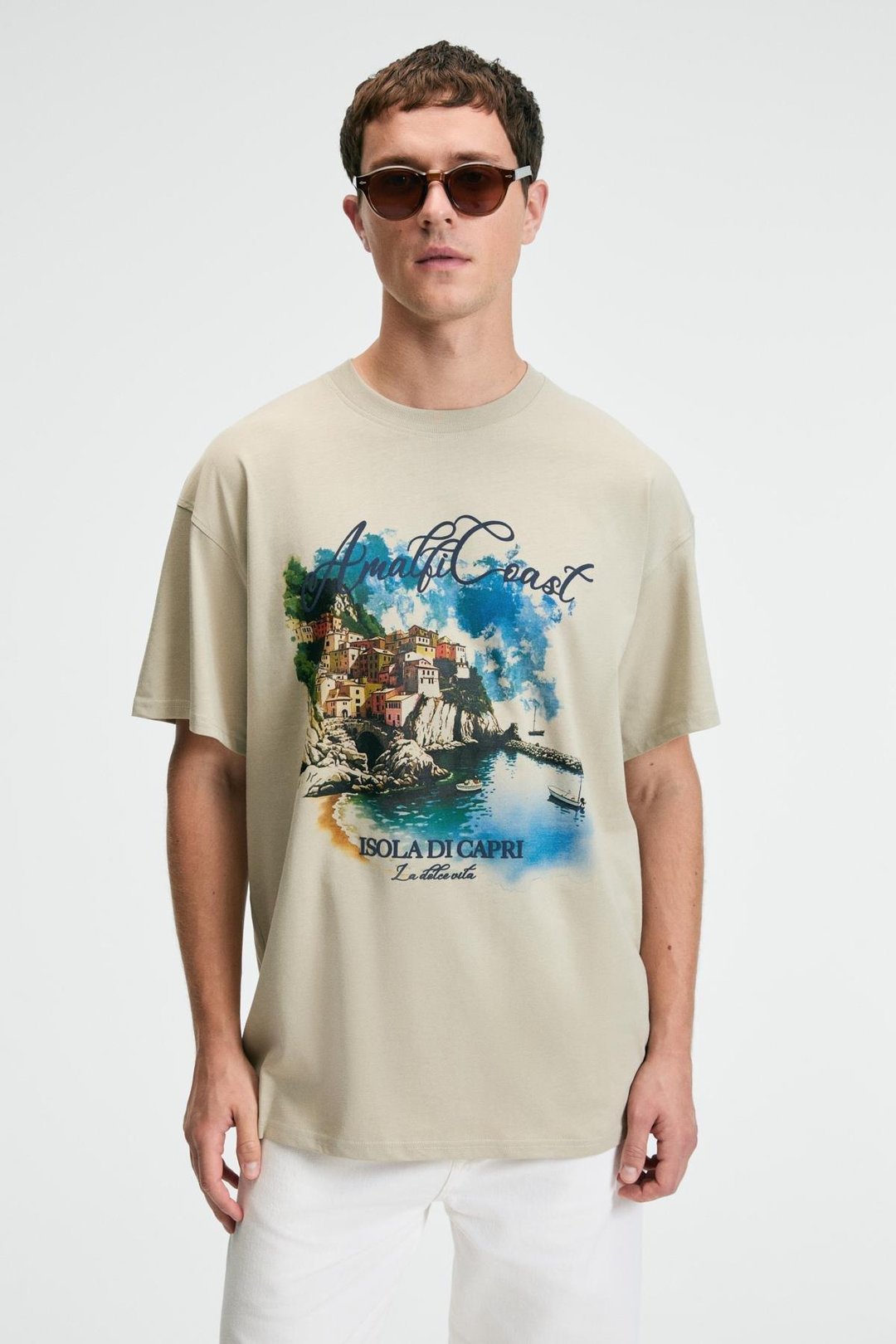 ZEST Erkek %100 Pamuk Oversize Fit Baskılı Kısa Kollu Yuvarlak Yakalı Taş Rengi T-Shirt